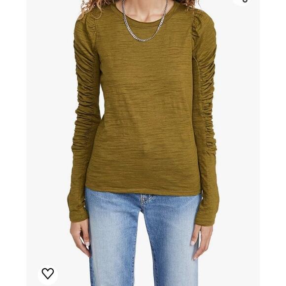 Free People Natasha Tee Women's XS Olive Green Slub Jersey Ruched Sleeve Boho - Picture 1 of 14